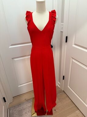 Sugarlips Red Ruffle-Shoulder V-Neck Jumpsuit